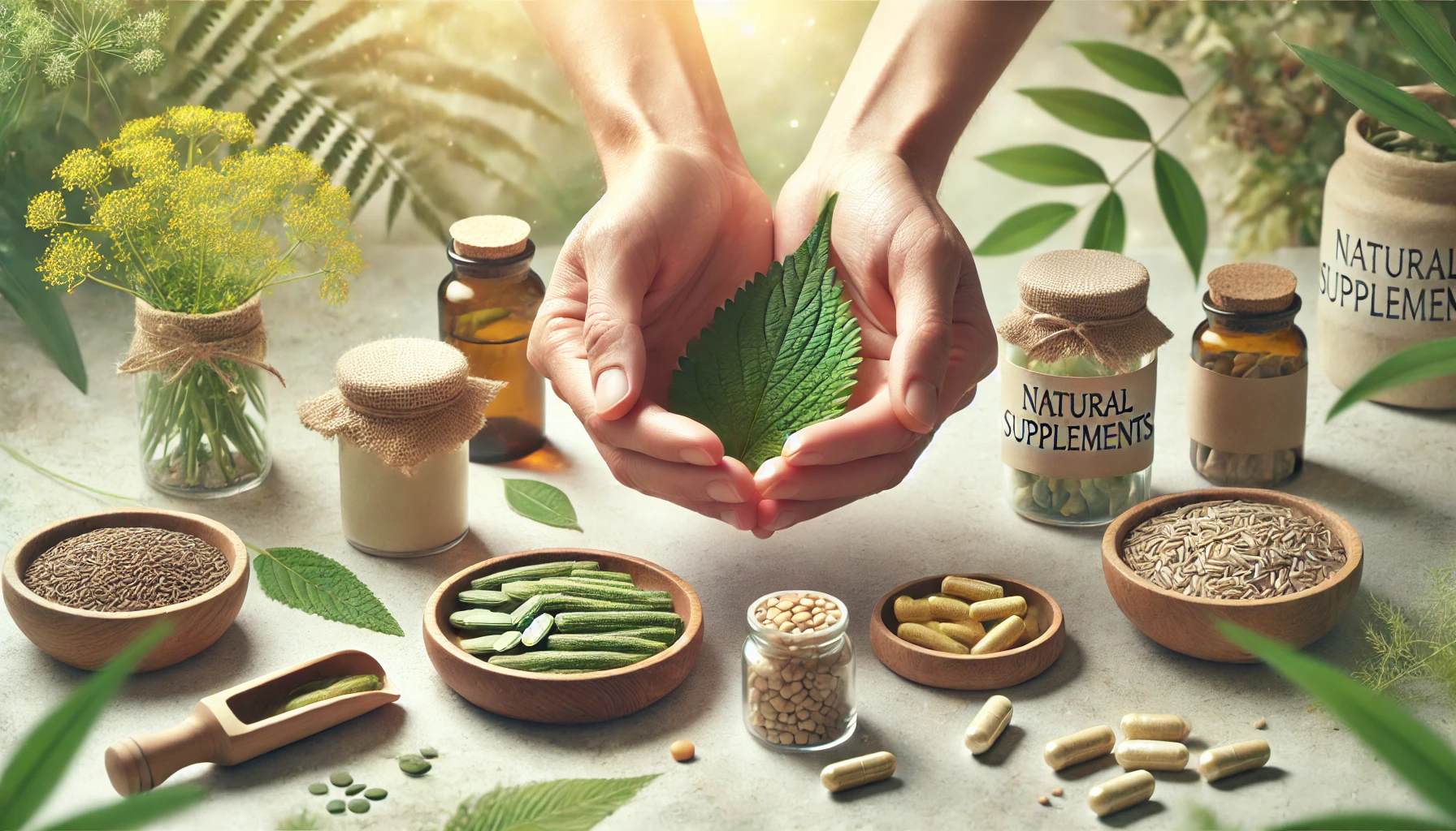Manos adultas ofreciendo una hoja de planta, rodeadas de frascos y cápsulas de suplementos naturales sobre mesa, imagen de Refugio del Vergel.